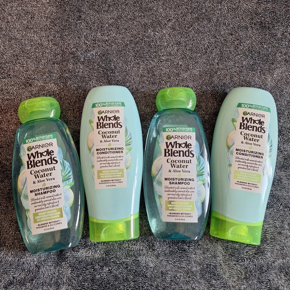 4 Pk Garnier Whole Blends Coconut Water And Aloe Vera Shampoo &‎ Conditioner Set